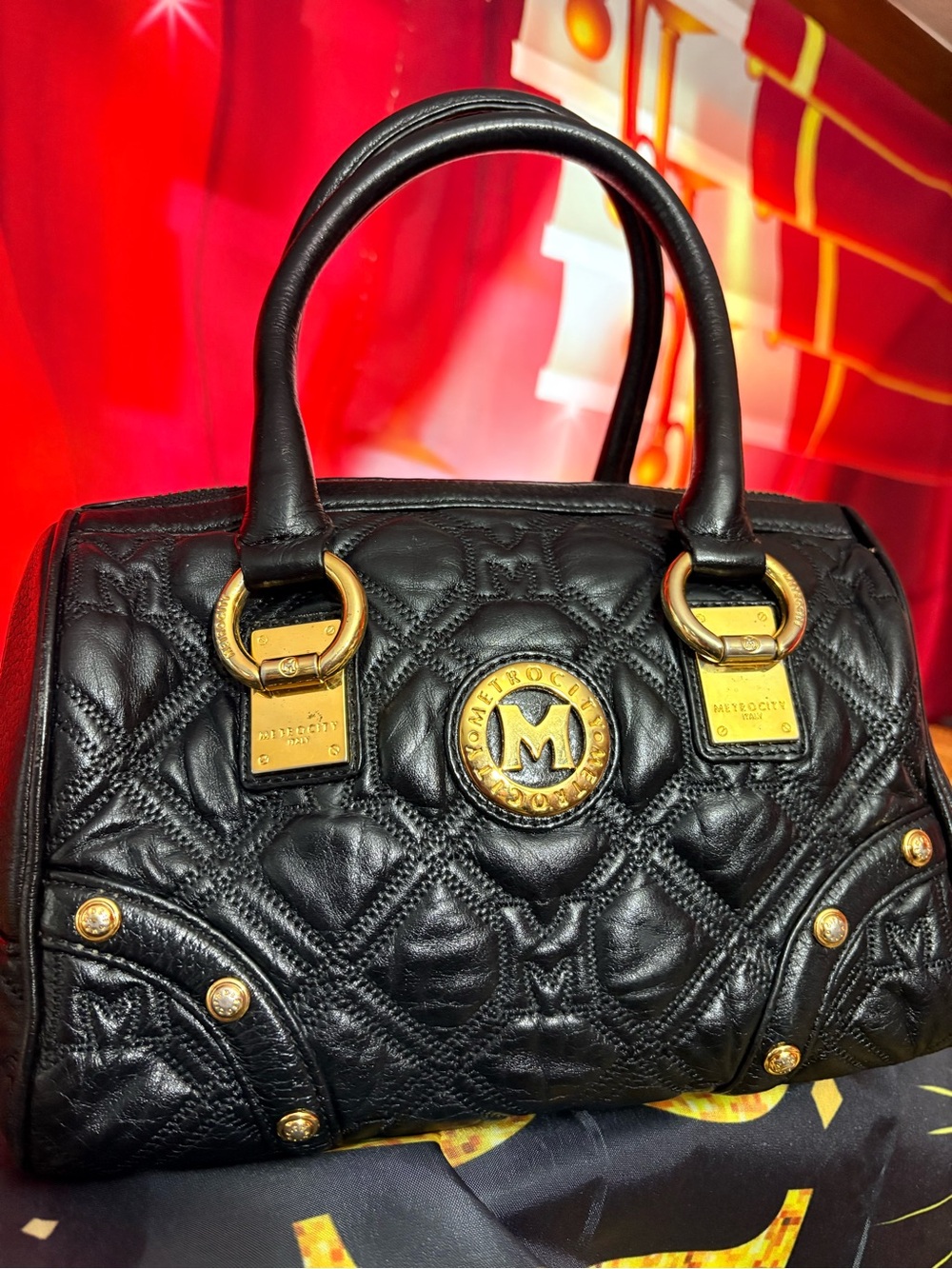 METRO CITY Quilted Black Leather Satchel with Gold Hardware